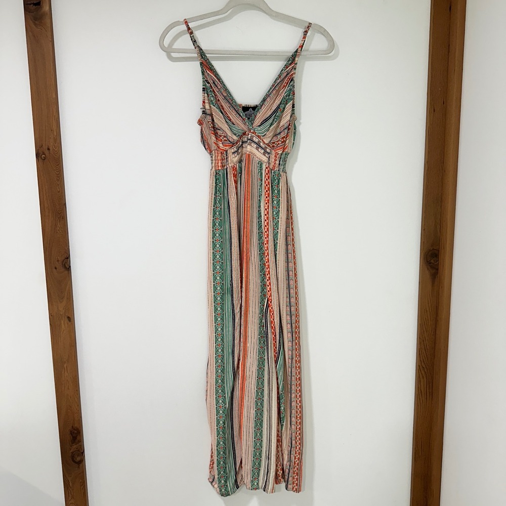 Angie Jumpsuit Womens Small Orange Green Striped Geometric Wide Leg Rayon Boho